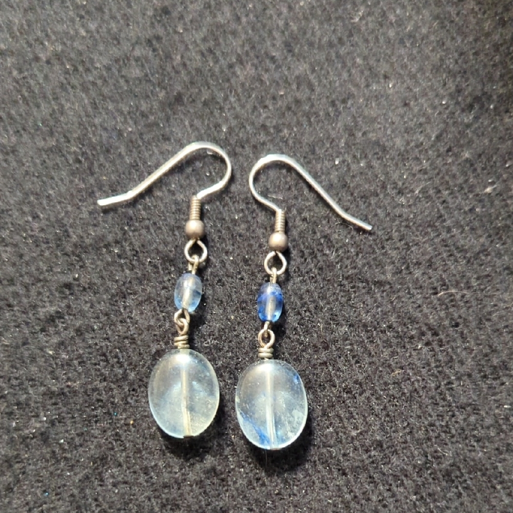 Silver Tone Pastel Blue Beaded Dangle Drop Statement Earrings